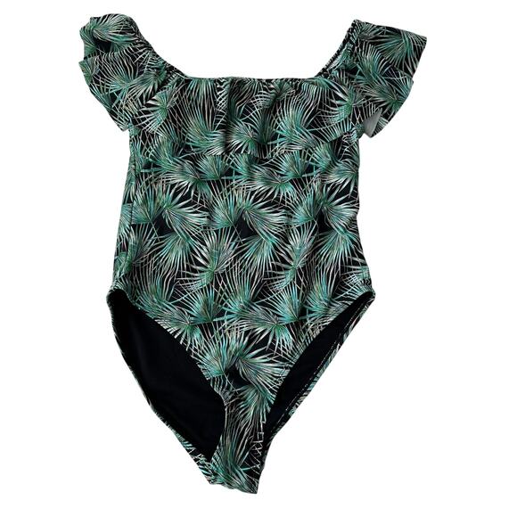 NWT Cabana del Sol swimsuit womens black one piece large tropical ruffles - Picture 1 of 11